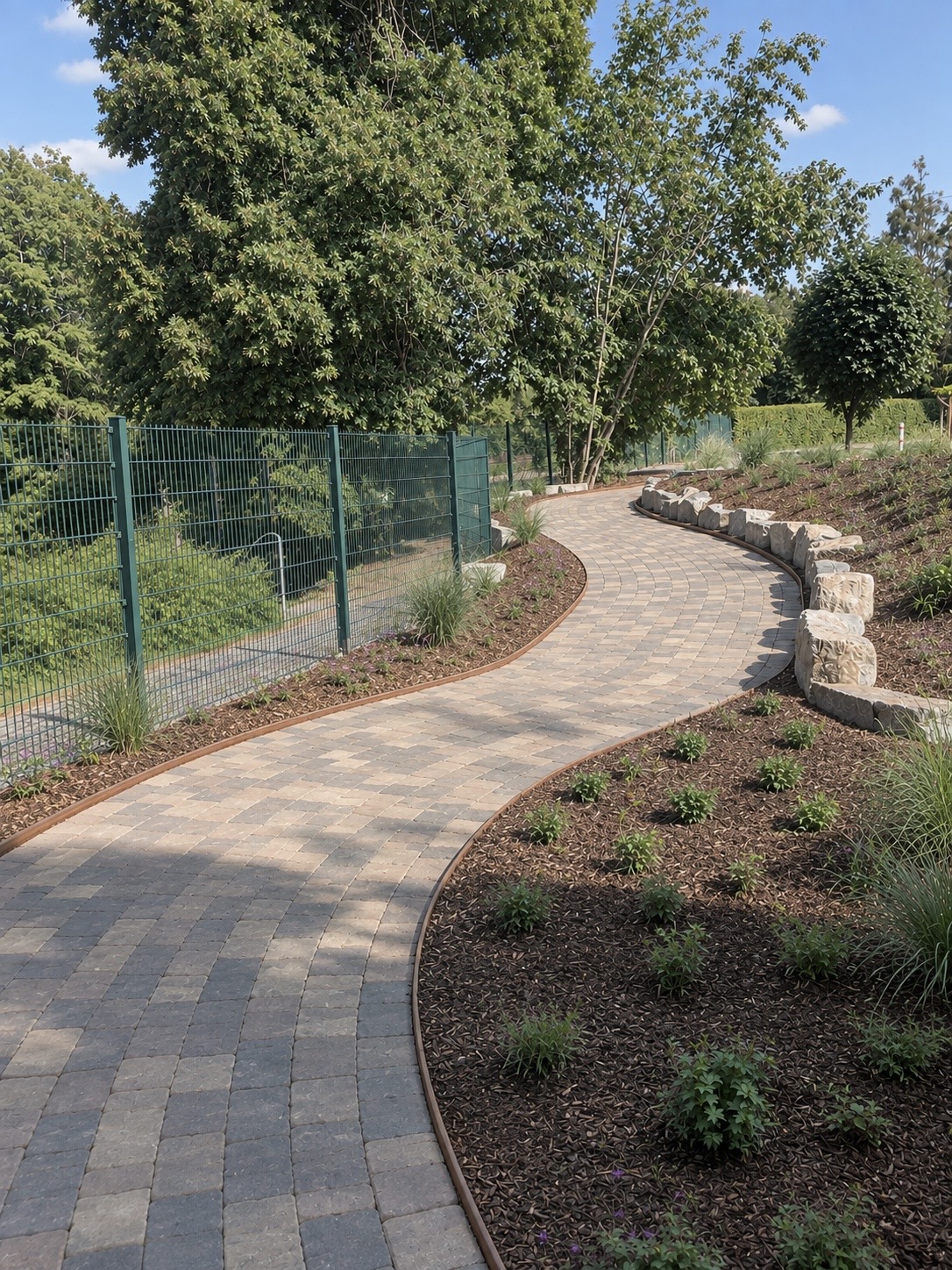 barrierefreier Weg. Die Steine wurden aus der alten Bruchsteinmauer erstellt.