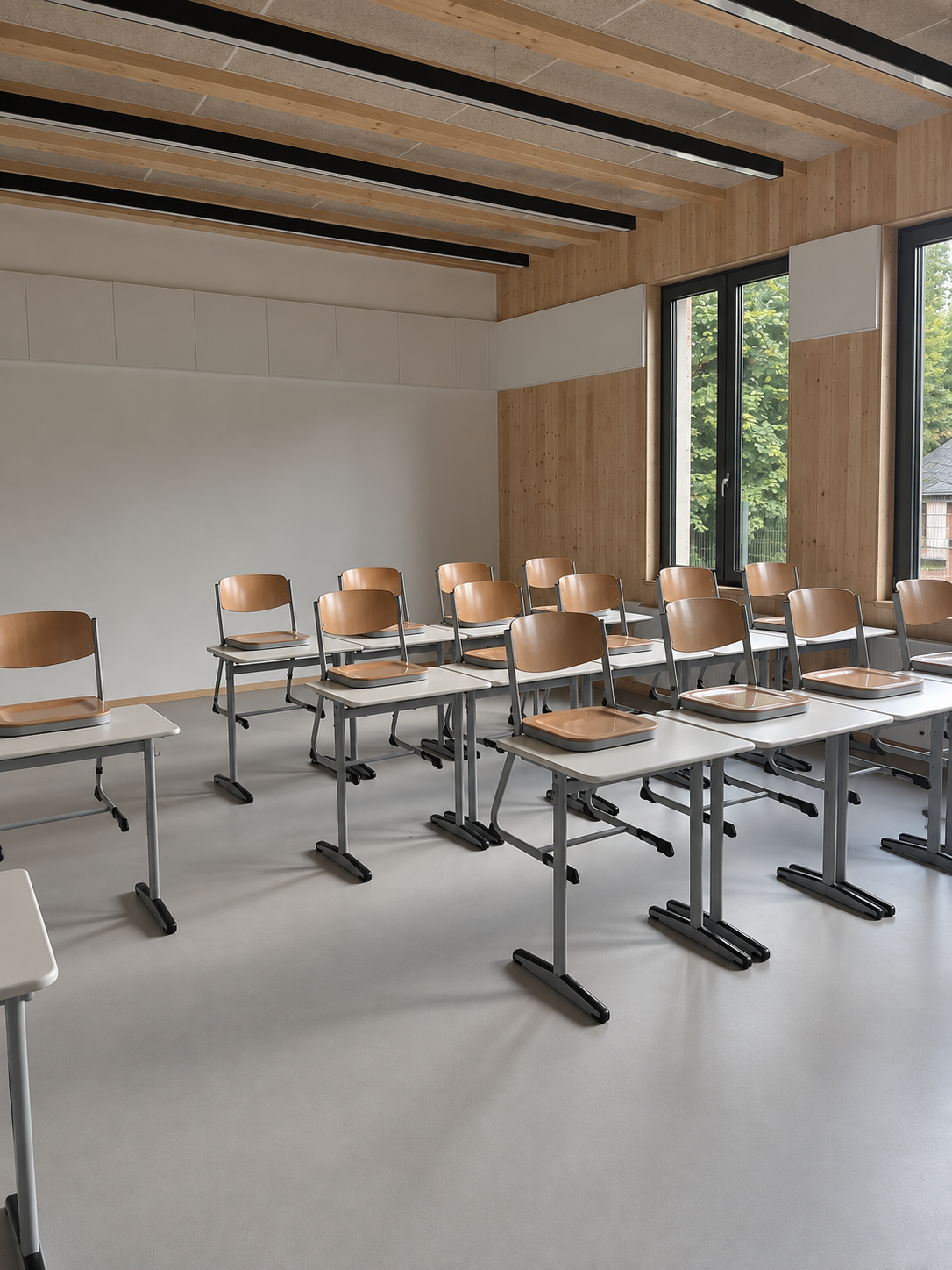 Klassenraum mit sichtbarer Holzkonstruktion und Akustikabsorbern